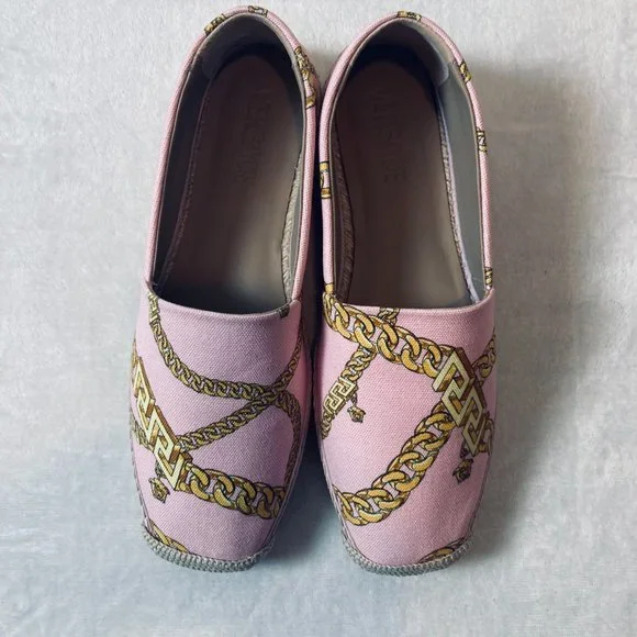 Versace Chain-Print Cotton Espadrille Loafers Pink Size 10B New In Box Authentic - Picture 6 of 13